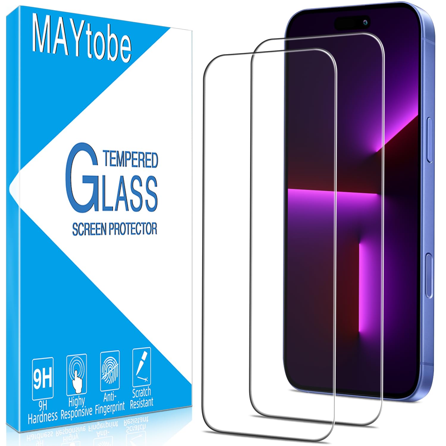 MAYtobe [2-Pack Designed for iPhone 16 (6.1 inch) Screen Protector Tempered Glass, 9H Hardness, Anti Scratch, Easy to Install