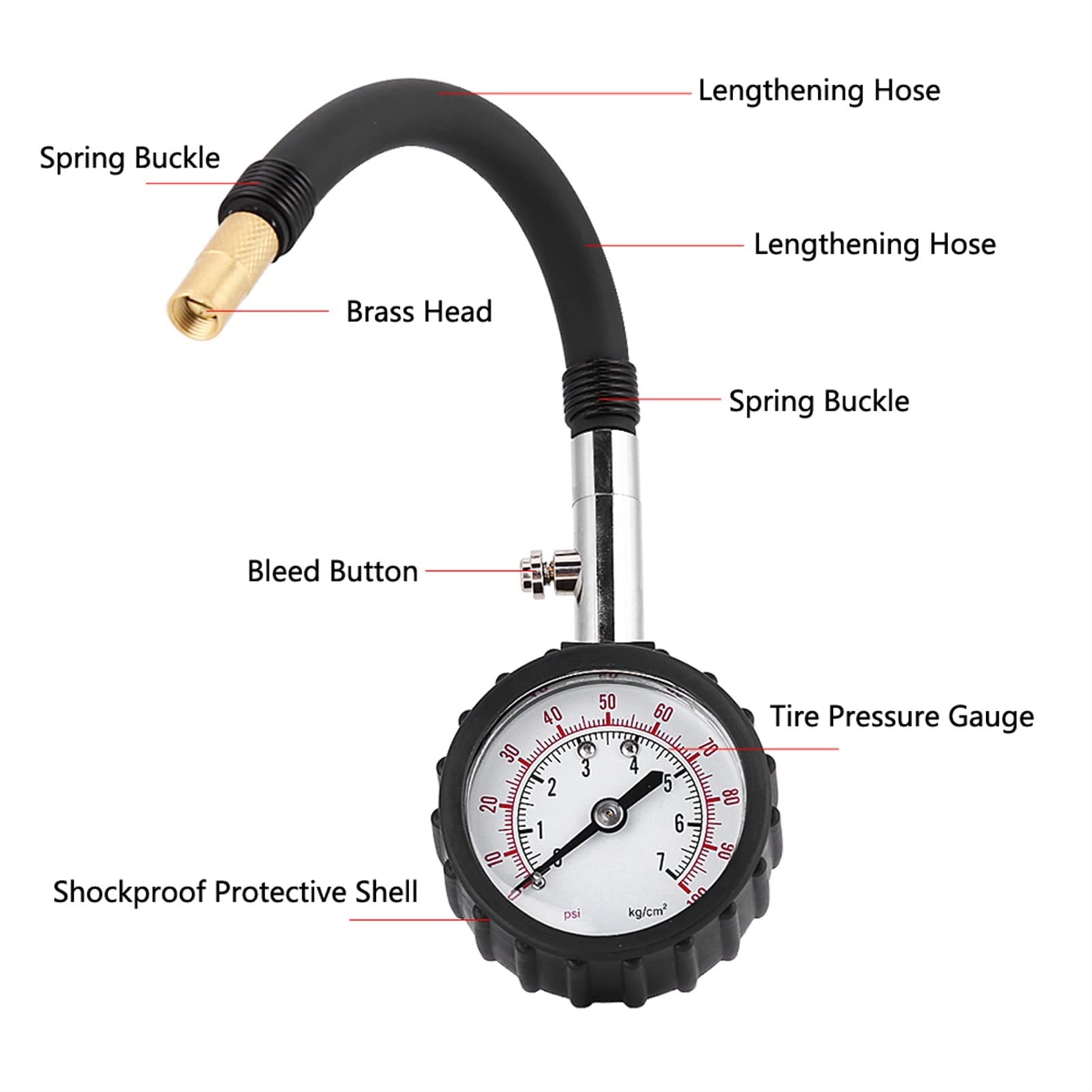 Medidor de presión de neumáticos de Tubo Largo 0-100Psi probador de presión de Aire de neumáticos de Alta precisión para Coche Motocicleta Universal