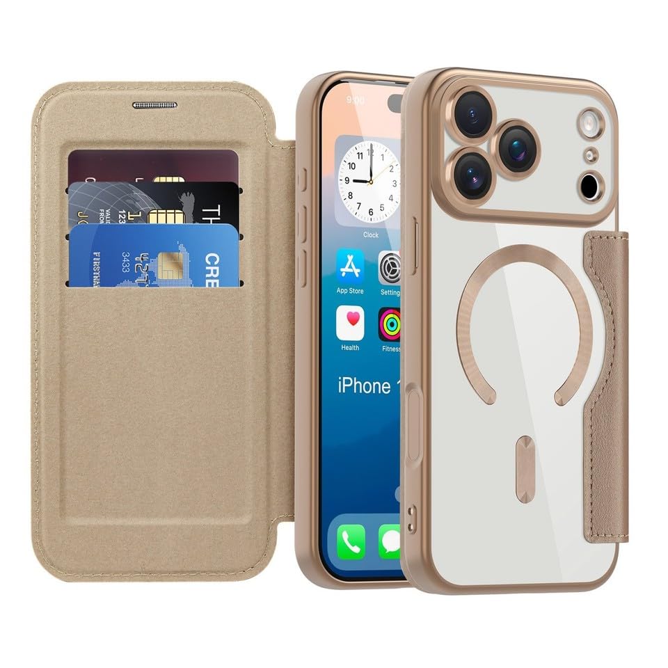 Étui iPhone 17 gris titane portefeuille en cuir magnétique et clapet silicone anti-RFID