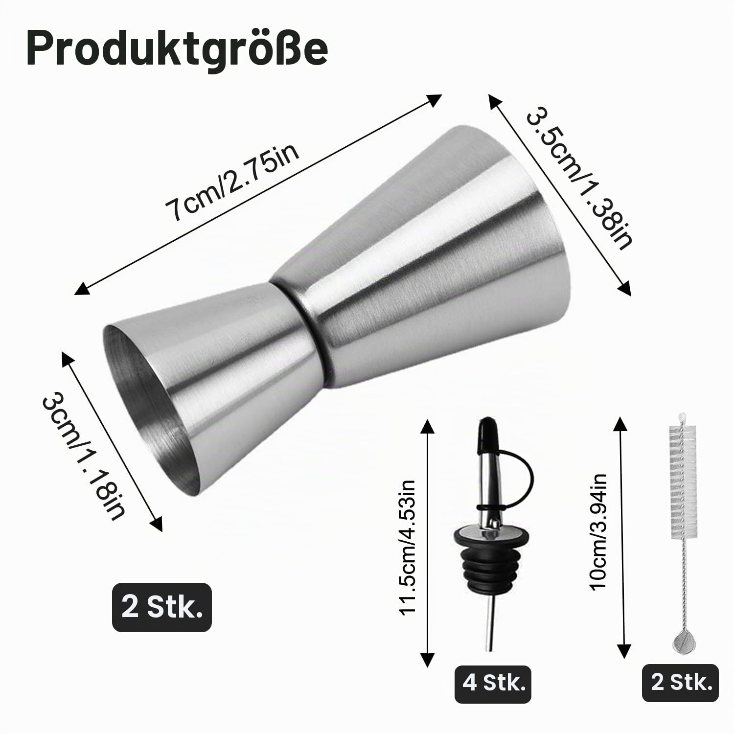 Cocktail Messbecher 2 Stück Edelstahl Barmaß 2cl 4cl mit 4 Flaschenausgießer und 2 Bürste cl Messbecher Cocktail Jigger Doppelmaß für Bar Party Wein Cocktail Drink Shaker Küche, Haushalt & Wohnen