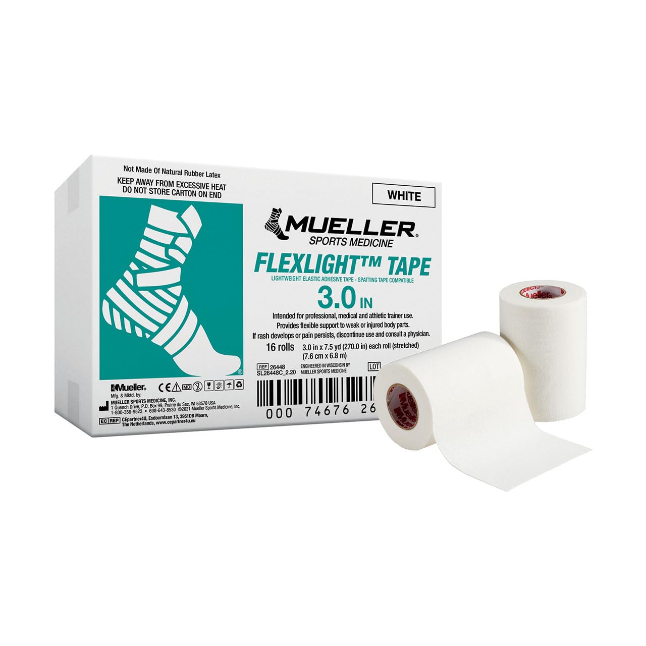 Mueller Venda Flexlight, Blanca, 7.6 Cm X 6.8 M, 16 Rollos/Caja Venda, Unisex Adulto, Blanca, 7,6cm x 6,8m