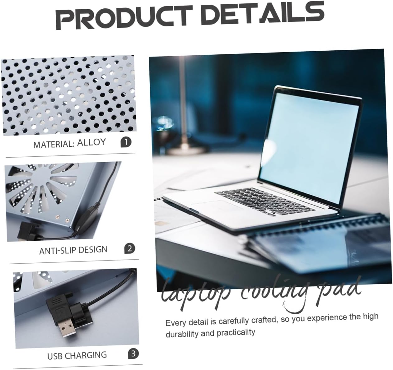 Aluminum Alloy Laptop Cooling Pad with RGB LED Fan, Ventilated Support Stand for Gaming Laptops, USB Powered Cooler Suitable for Portable Use, Gray