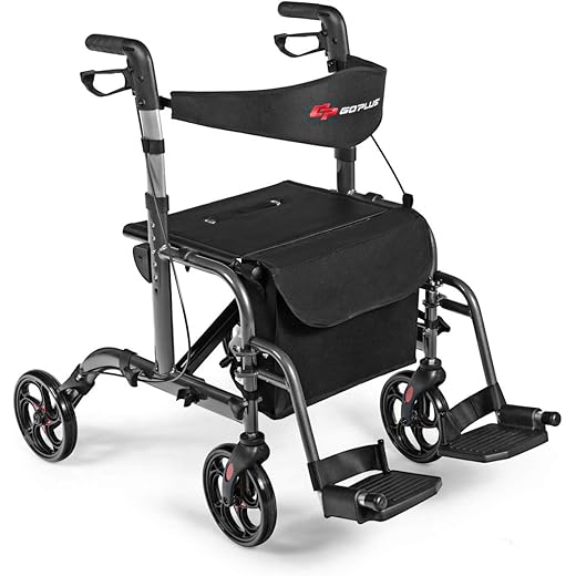 GOPLUS 2 in 1 Rollator Walker with Seat, 4 Wheel Rolling Wheelchair for Adults Seniors, Folding Medical Walker with Backrest, Adjustable Handle, Aluminum Transport Chair Mobility Walking Aid