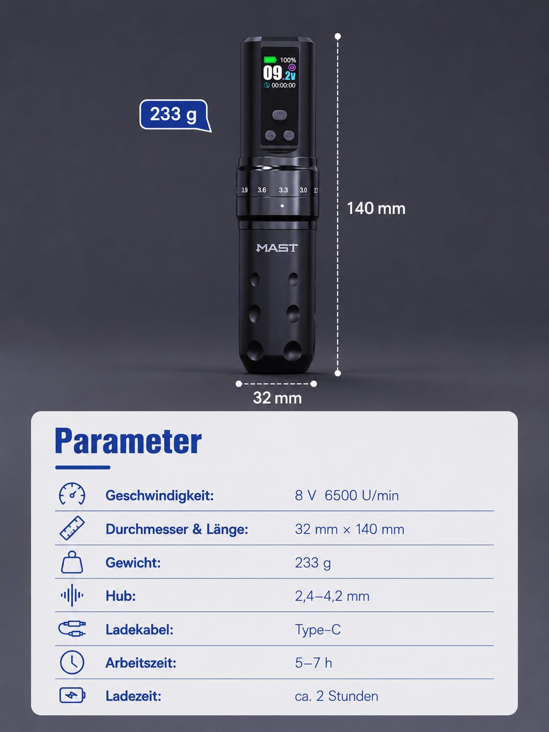 Mast Fold2 Pro Pen Máquina de Tatuaje Rotary Inalámbrica Tattoo Gun 7 Stroke Length de Batería 2000mAh Powerful Motor by Mcore Smart Display Screen para Artistas Profesionales (WQP-076-11)