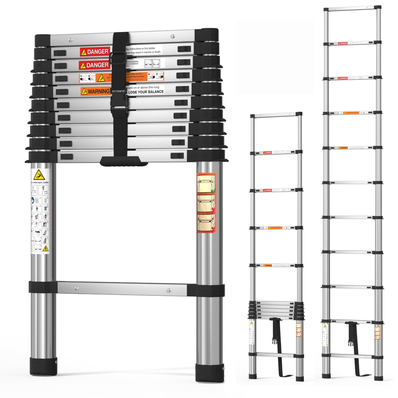 Escalera telescópica 3,2m/10,5FT,Escalera Extensible Ligera de Acero Inoxidable con Bloqueo automático,Pies Antideslizantes,Carga 150kg/330lb,Escalera Multiusos para el hogar y el Exterior