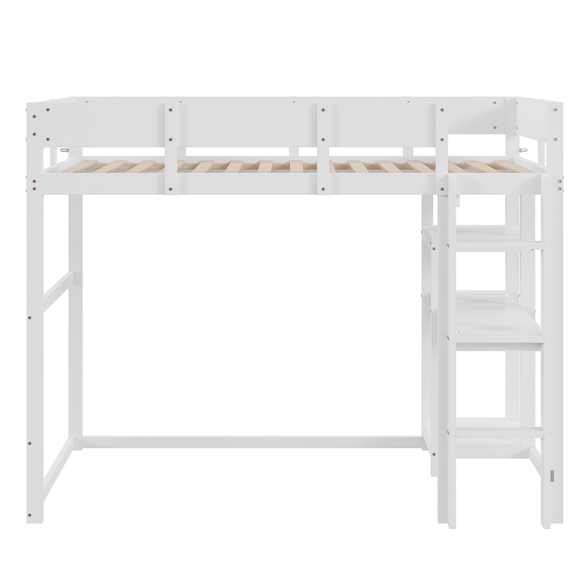 Aoskem Kinderbett Hochbett 90x200, Etagenbett Hausbett mit Leiter, Stauraum Regale und Schreibtisch, Holzbett Einzelbett Jugendbett Bettgestell mit Rausfallschutz und Lattenrost, Ohne Matratze Weiß