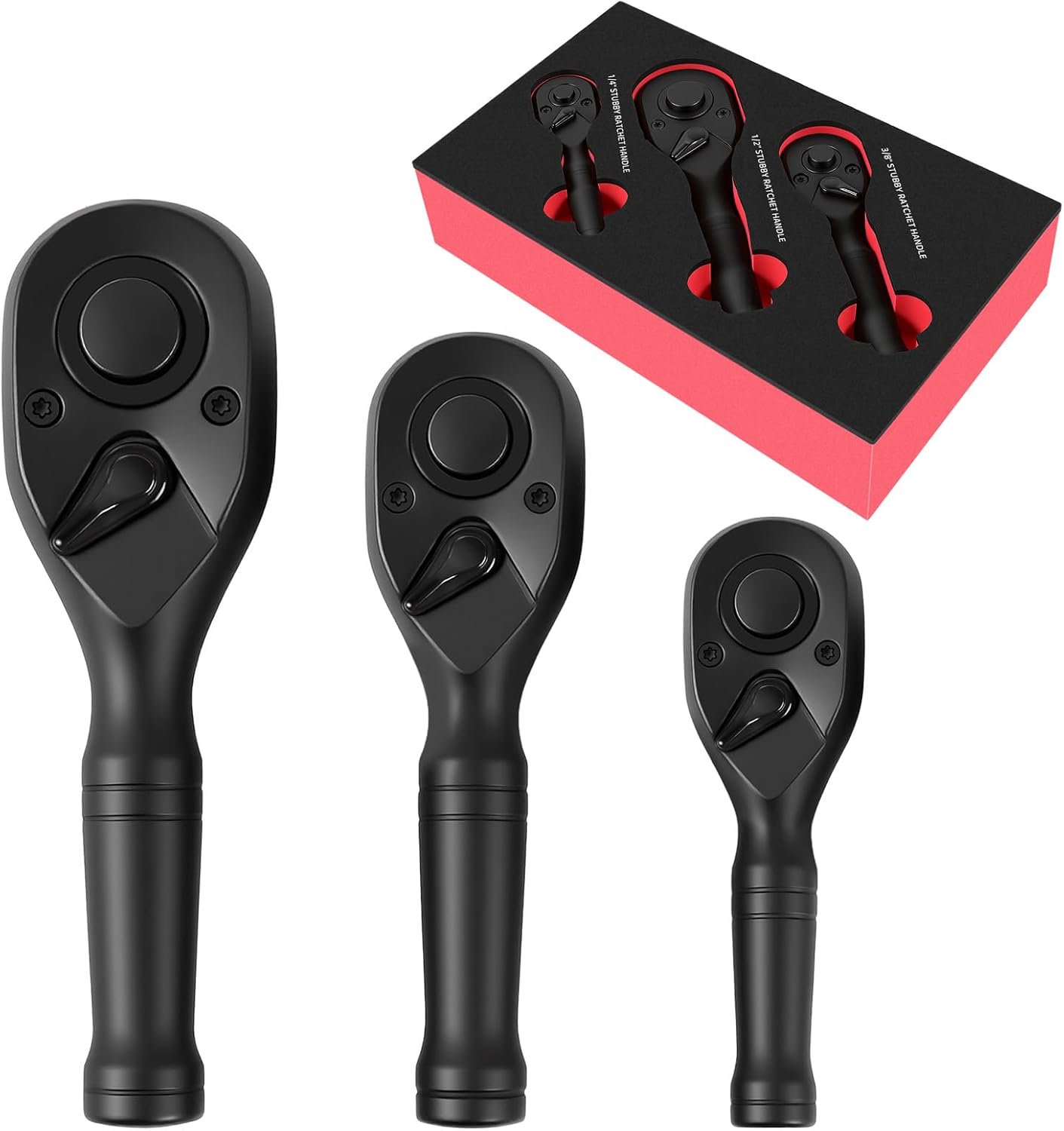 3-Piece Stubby Ratchet Set 1/4" 3/8" 1/2" Drive, 72-Tooth Black Finish, Quick Release & Reversible, CR-MO Steel with Non-Slip Grip for Tight Spaces, Includes EVA Case, Automotive DIY Tools