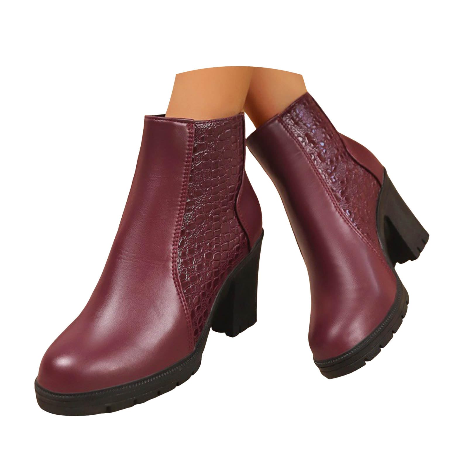 Ankle Boots for Women 2025 Plush Lined Black Faux Leather Chelsea Snow Booties Chunky Block Heels Almond Toe