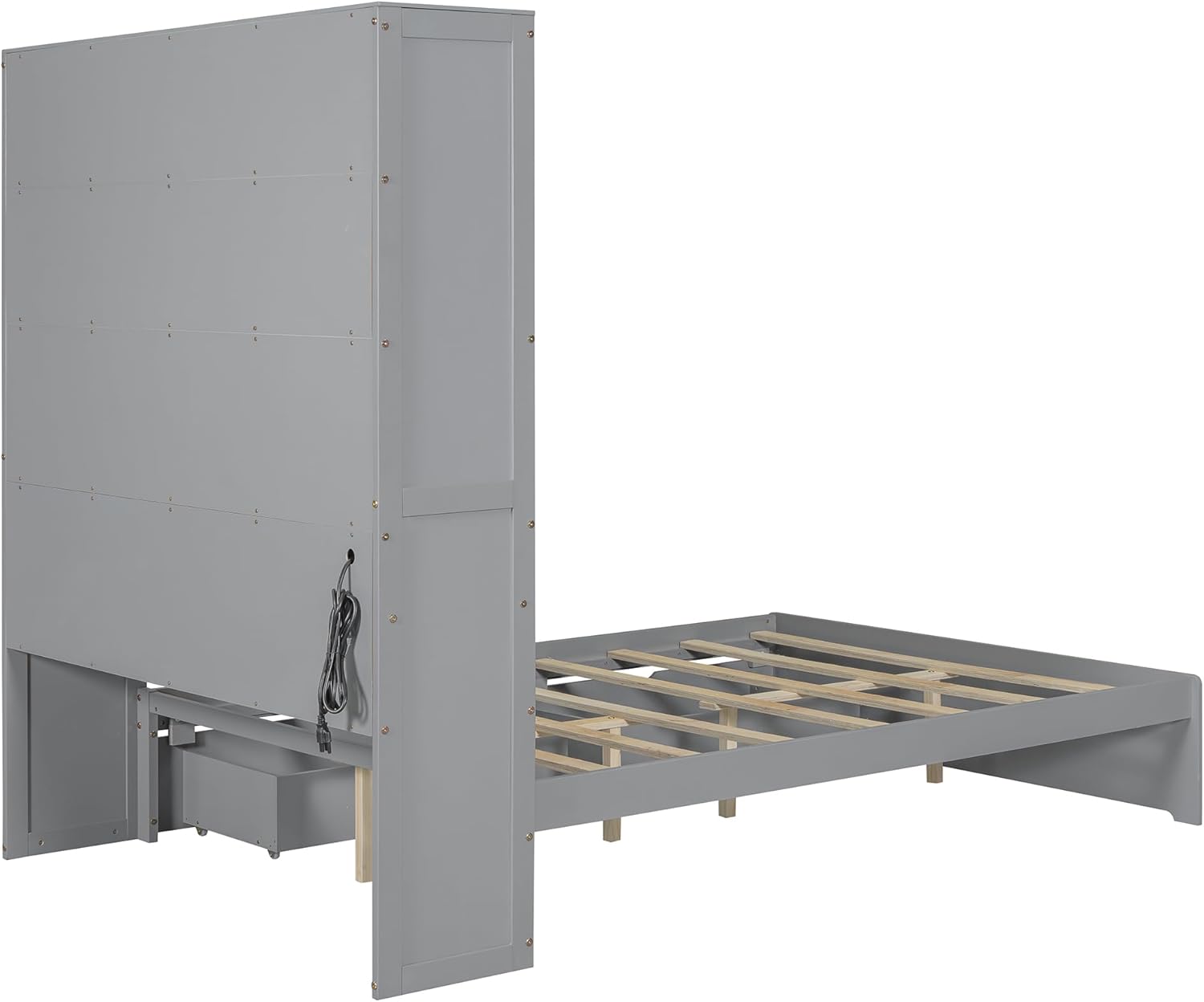 Full Size Platform Bed with Storage Headboard & Drawer, Wooden Platform Bed with Sturdy Slat Support for Kids Teens Adult Bedroom, Space Saving Design (Gray-64x)