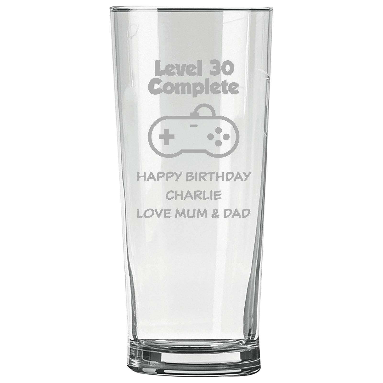 Personalised Engraved Pint Glass - 30th Birthday Gift, Level 30 Complete with Personalised Name and Message Design