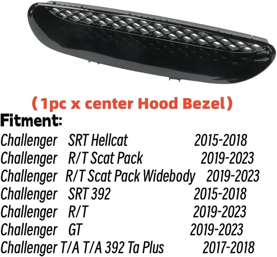 Hood Vent Center Bezel Grill Scoop Fit For 2015-2018 Dodge Challenger SRT HELLCAT & 2019-2023 R/T SCAT PACK 68184348AD 68184348AG 68184348AH,Painted Black Hood Vent Replace Parts Accessories