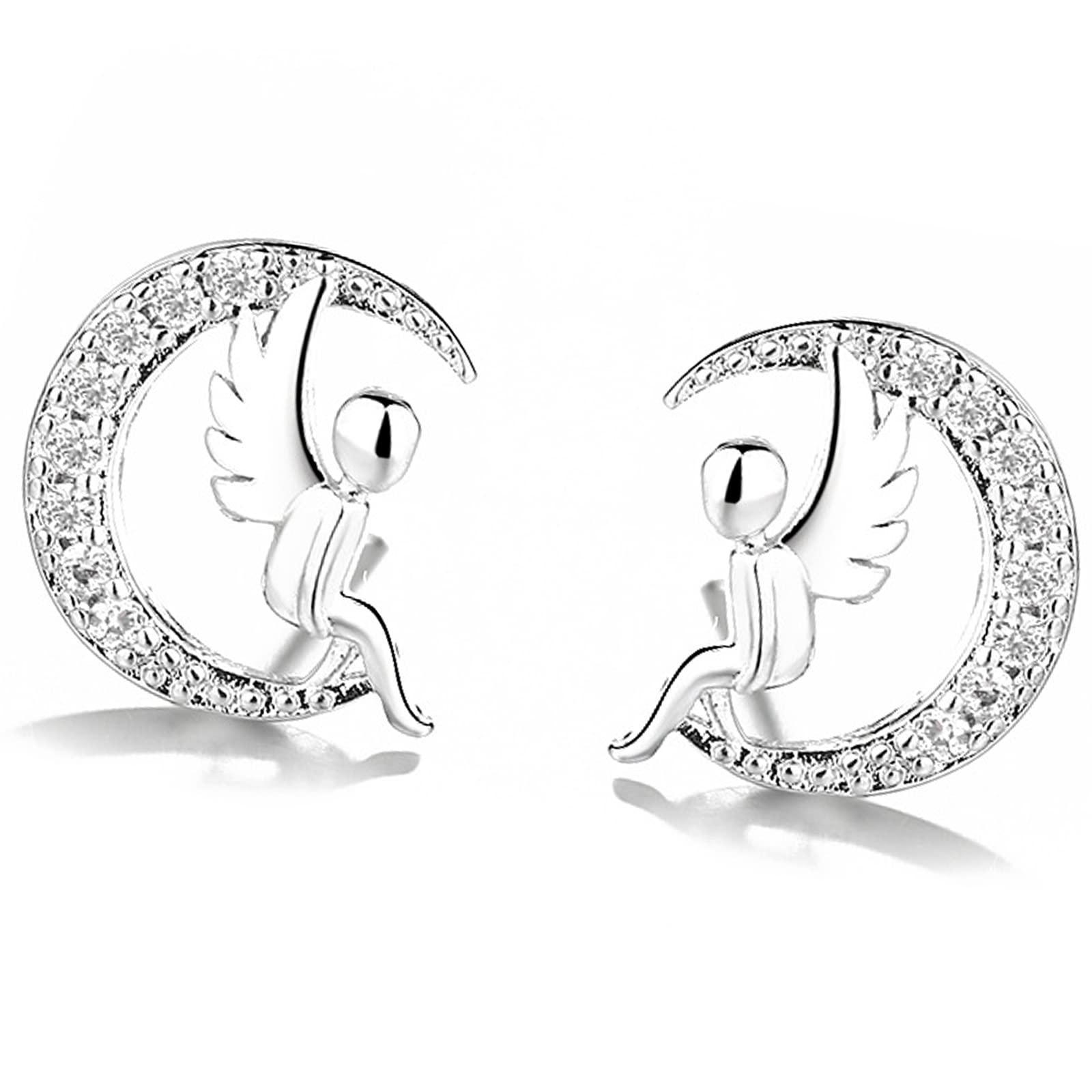BG&WLing Cute Stud Earrings for Women 925 Sterling Silver with AAA+ Cubic Zirconia Earrings Hypoallergenic Little Angel Sitting On The Moon Ear Jewelry Gifts for Girls