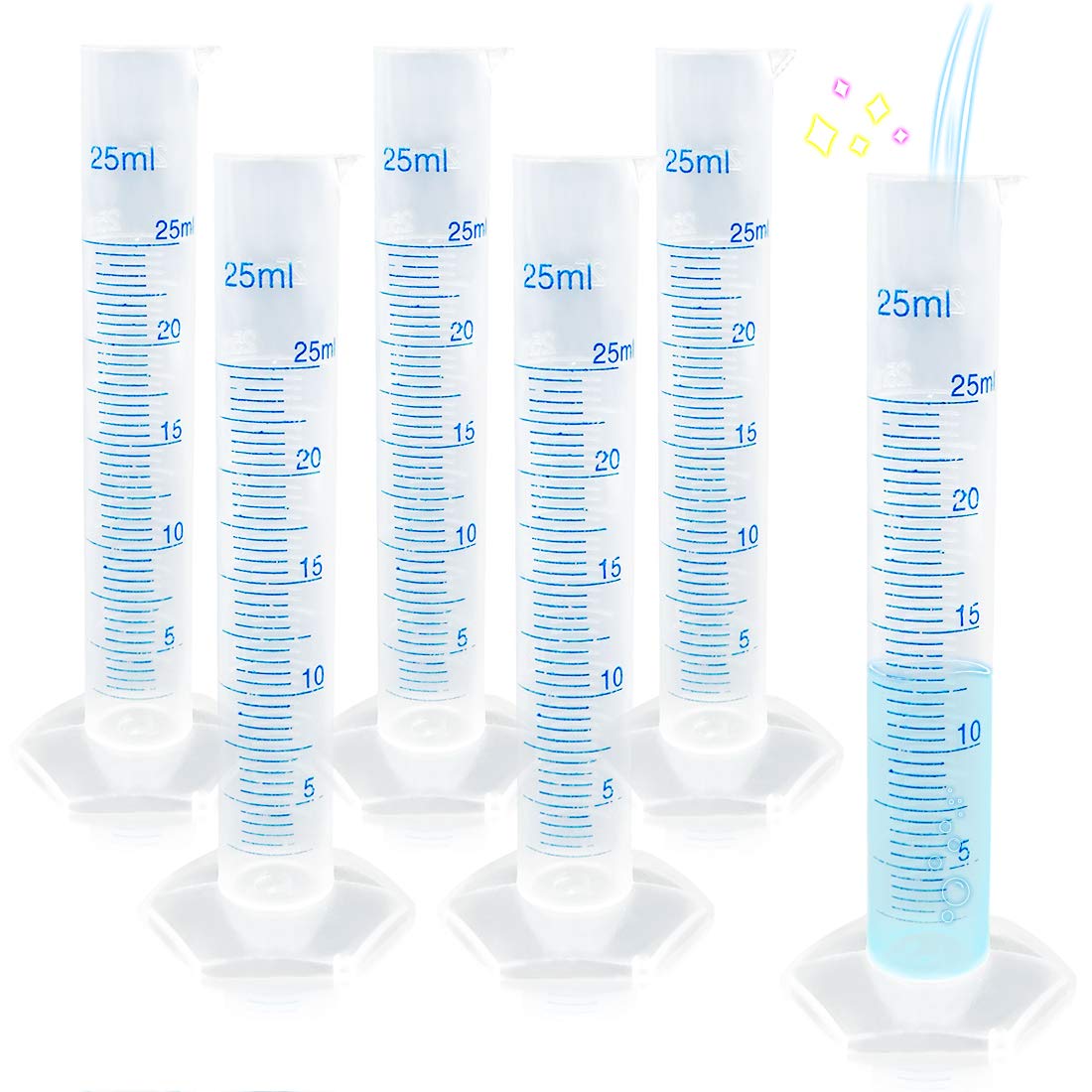 Graduated Measuring Cylinders 25ml - Clear Polypropylene Graduated Cylinder Set Plastic Scientific Lab Measuring Cylinders with Double Sided Markings, Pour Spout (6 Pack, 25ml)