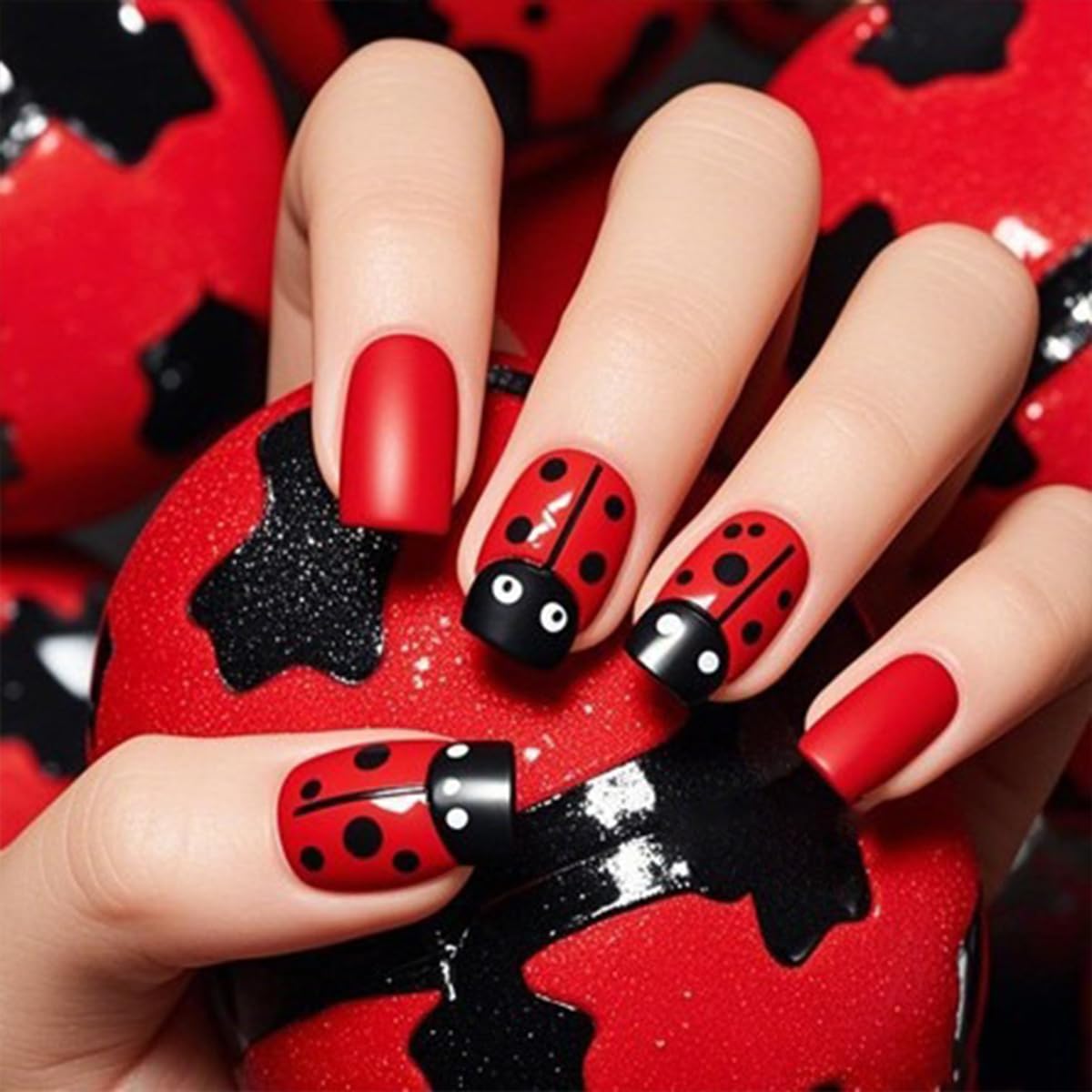 Red Press on Nails Medium Square Fake Nails with Black Polka Dot Ladybug Designs False Nails Full Cover Acrylic Nails Reusable Stick on Nail Cute Glue on Nail for Women Girls 24Pcs