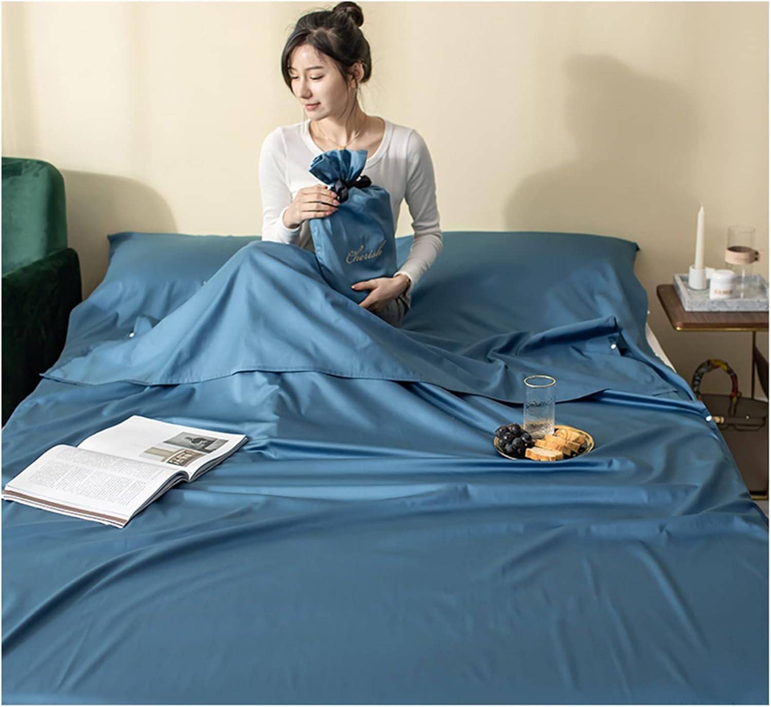 Sleeping Bag Liners Compact Adult Sleeping Bag, Single/Double Sleeping Bag Linen, for Outdoor Camping Travel Hotel Bedding, Ultra Light and Portable (Color : Blue, Size : 190x210cm/74.8x82.67in)