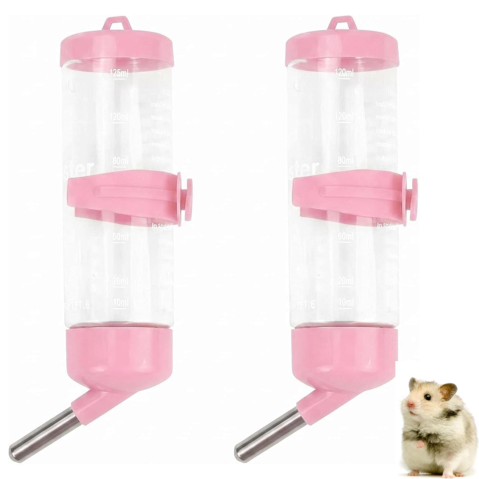 2 Pieces Guinea Pig Water Bottle, Small Animal Water Dispenser, Pet Drinking Bottle for Multi-Cage Hydration and Travel Use, Gerbils Mice Rats Guinea Pigs Rabbits Chinchillas (125ml-Pink)