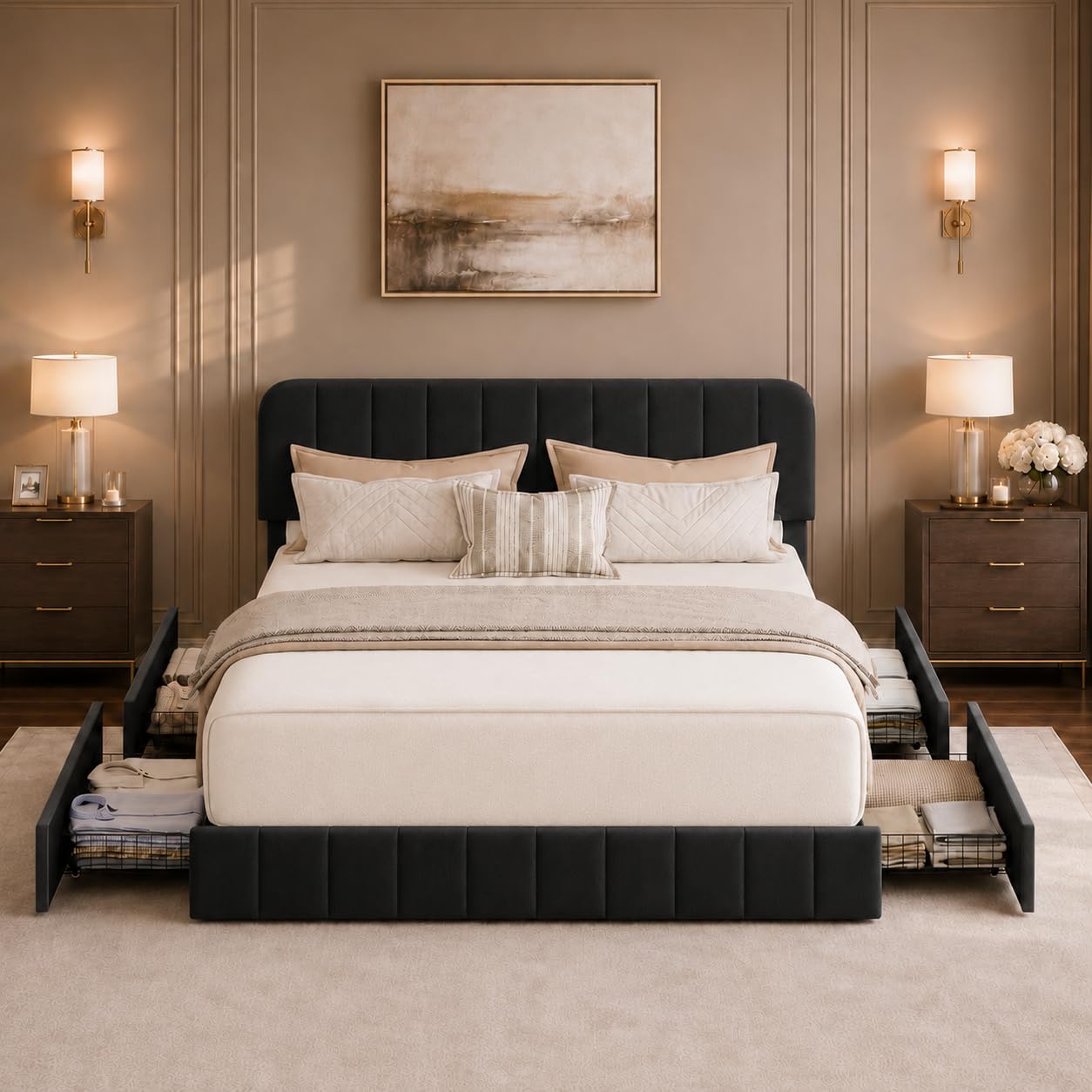 Queen Velvet Bed Frame with Storage Drawers & Tufted Headboard
