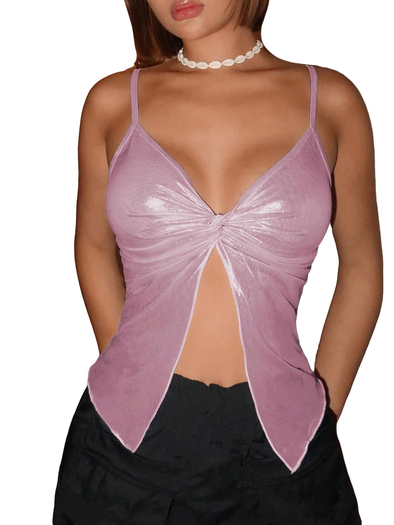 OYOANGLE Women's Metallic Split Hem Crop Cami Top Deep V Neck Twist Front Sleeveless Tank Tops