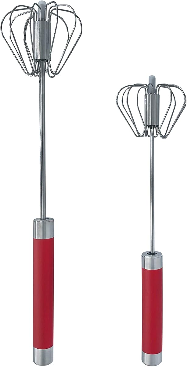 Batidor de empuje de acero inoxidable – Mezclador de mano manual fácil de usar y batidor de émbolo – Haga espuma, espuma y crema batida – Batidor de huevos semiautomático con punta de plástico que no raya las sartenes (2 paquetes de 10 y 12 pulgadas) ROJO
