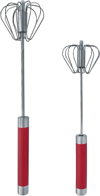 Batidor de empuje de acero inoxidable – Mezclador de mano manual fácil de usar y batidor de émbolo – Haga espuma, espuma y crema batida – Batidor de huevos semiautomático con punta de plástico que no raya las sartenes (2 paquetes de 10 y 12 pulgadas) ROJO