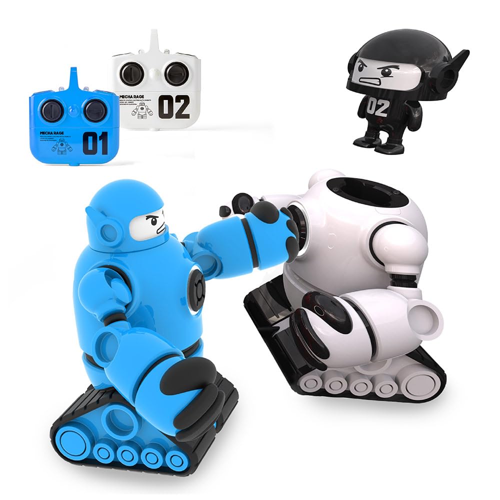 Sharper Image Zdalne sterowanie wyrzucające roboty bojowe Mecha Rivals RC Toy dla dzieci powyżej 8 lat, bezprzewodowa gra walki dla dwóch graczy ze światłami i dźwiękami, niebieski vs biały