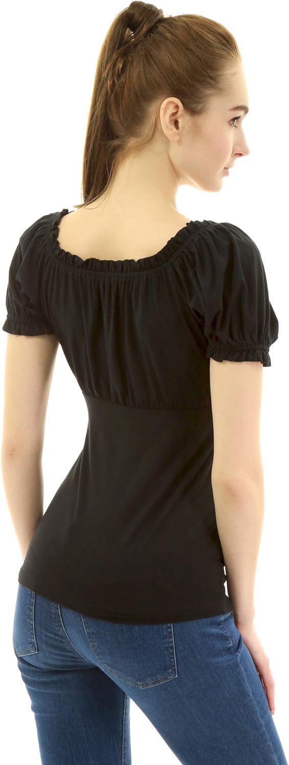 AmélieBoutik Women Ruffle Trim Tie Notch Neck Raglan Puff Short Sleeve Blouse Top - Image 4
