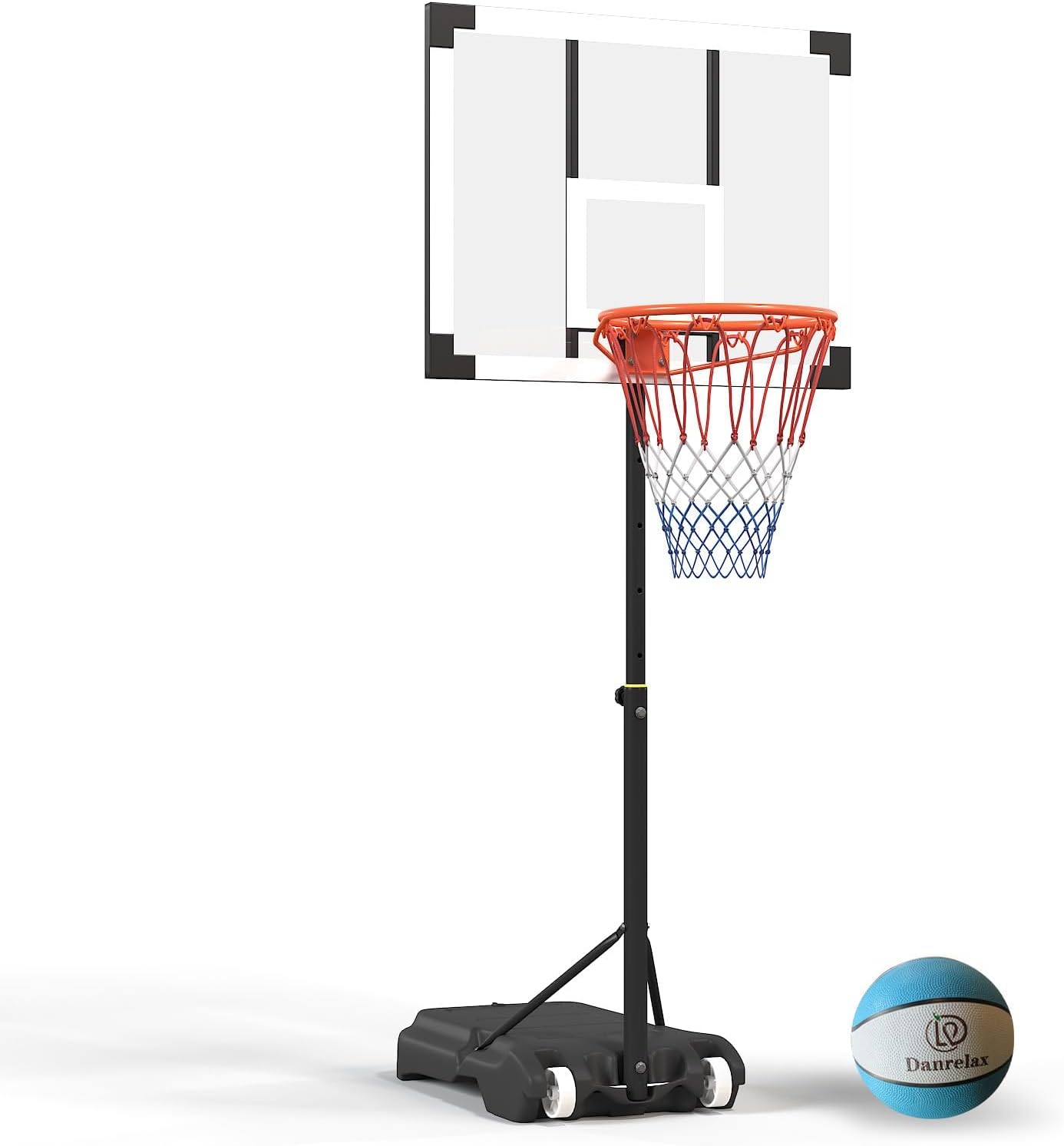 Pool Basketball Hoop, Height Adjustable 3.9' to 6.9', Black Steel Frame, Water Base, Includes Air Pump, 8-Inch Rubber Ball, Indoor & Outdoor Use