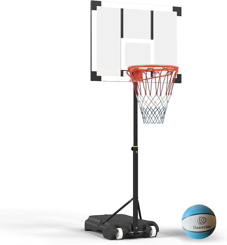 Pool Basketball Hoop, Height Adjustable 3.9' to 6.9', Black Steel Frame, Water Base, Includes Air Pump, 8-Inch Rubber Ball, Indoor & Outdoor Use