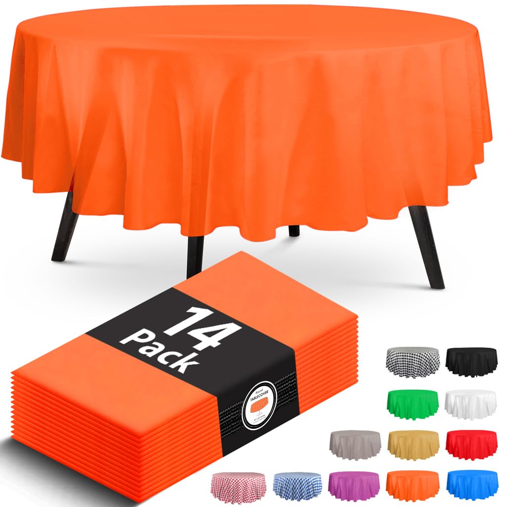 14 Pack Premium Round Orange Plastic Tablecloth - 84 X 84 In Disposable Round Plastic Table Cloth Decorative Round Table Cover Smooth Table Cover Disposable Table Cloths For Parties Weddings