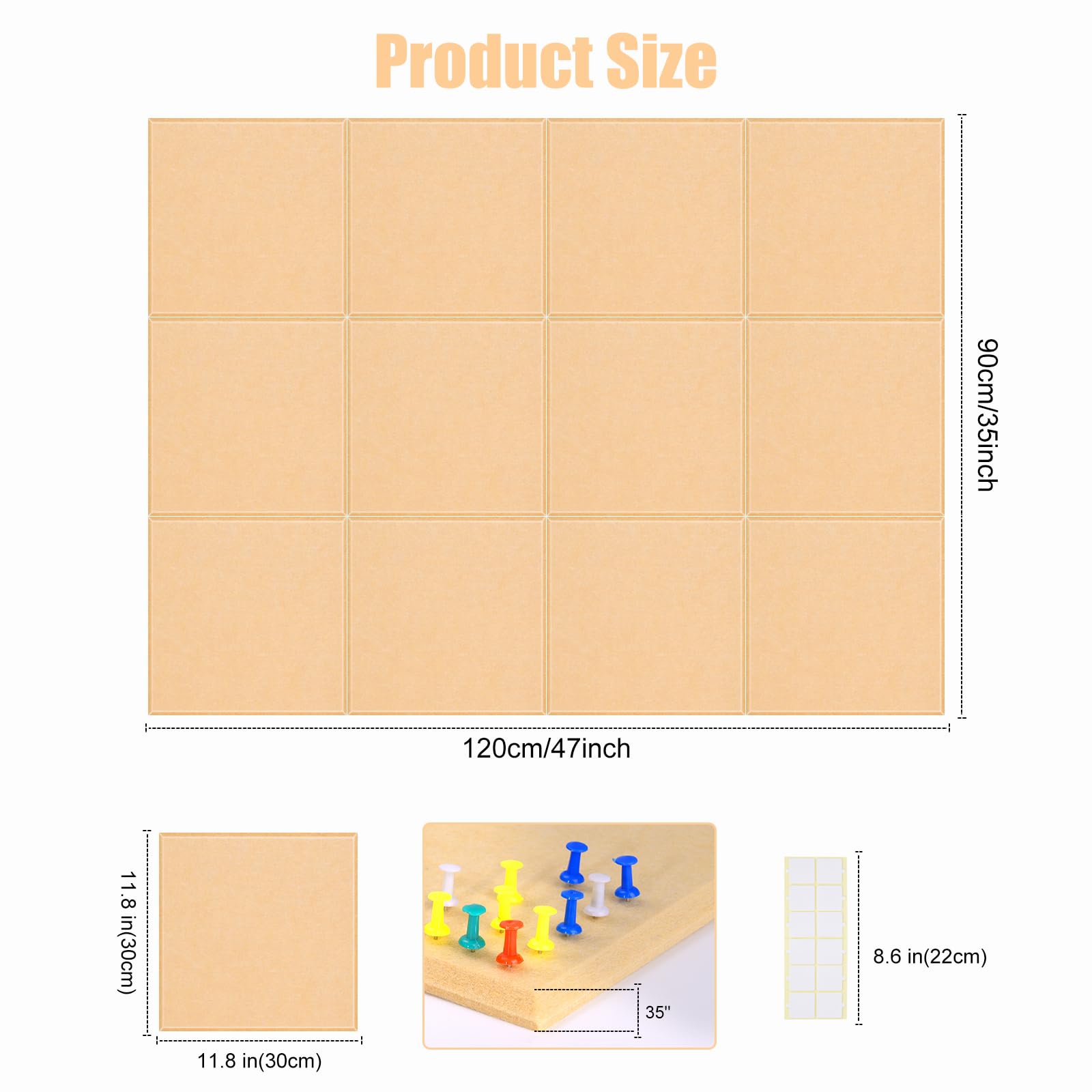 Tablero De Fieltro Para Notas - 12 Piezas De 11.8"x11.8", Se Unen Hasta 48x36", Incluye Chinchetas Y Cinta Nano