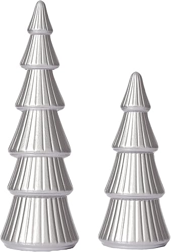 Miniatura 12 de WONDROUS' DECO Juego de 2 figuras de árbol de Navidad, decoración de mesa blanca y dorada, juego de 2 decoraciones artificiales de madera para árbol