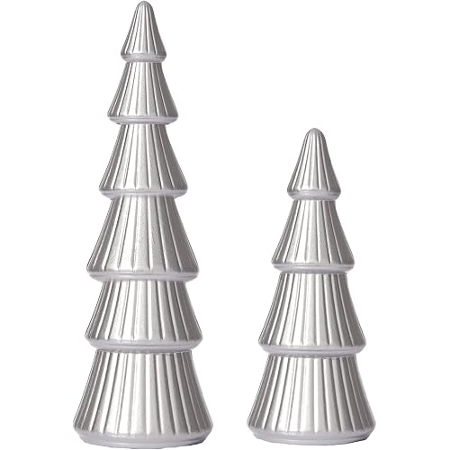 WONDROUS' DECO Wooden Christmas Tree Figurine, Table Silver Tree Figurine | Tabletop Silver Tree Figurine, Set of 2 Desk Centerpieces for Christmas Decor Home Farmhouse Office Mantel