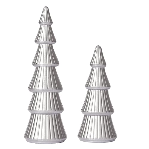 WONDROUS' DECO Wooden Christmas Tree Figurine, Tabletop Silver Tree Figurine,