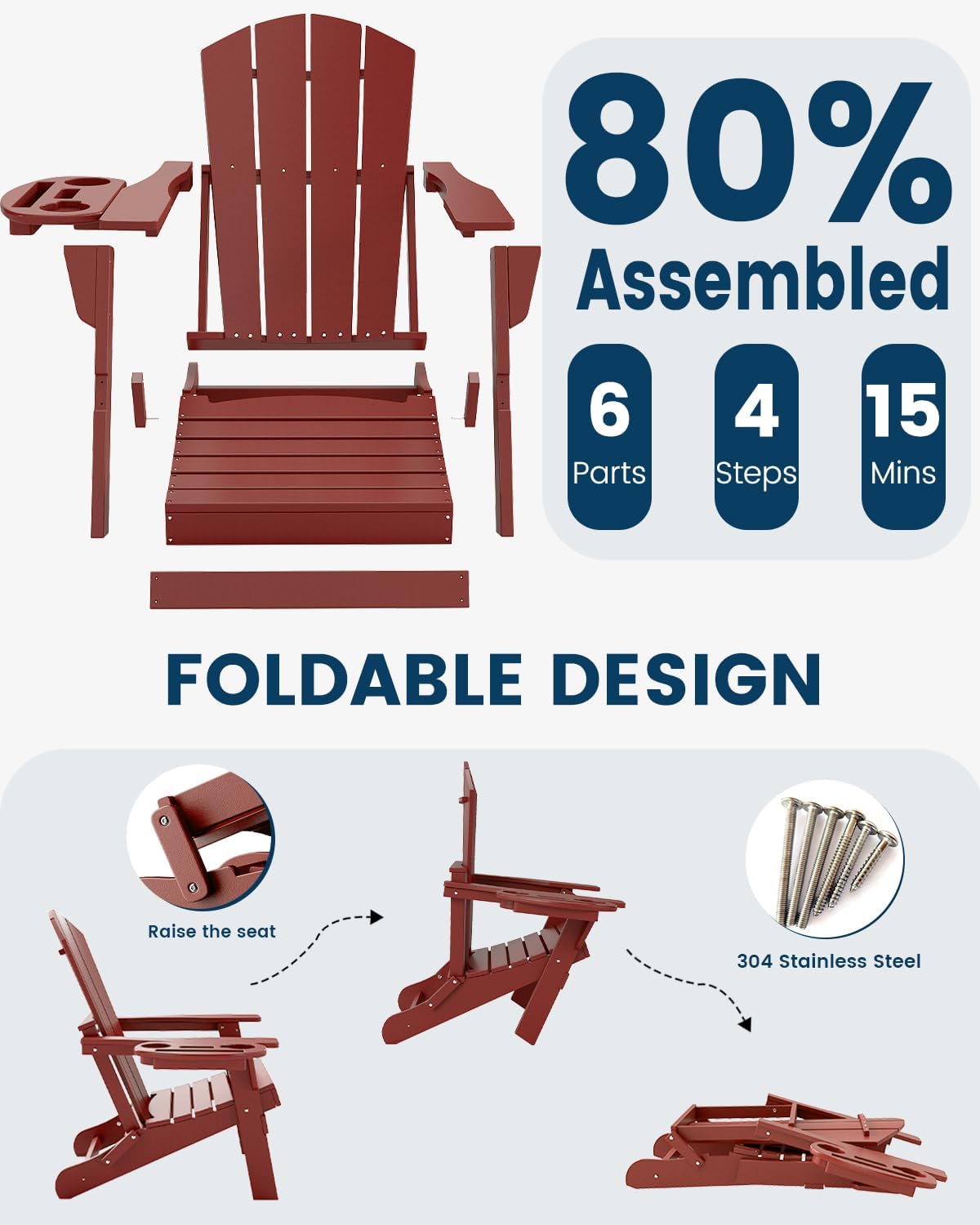 FOOWIN Folding Adirondack Chair Set of 4, HDPE Adirondack Chairs with Cup Holder, Weather Resistant Plastic Fire Pit Chairs for Outdoor, Patio, Lawn, Garden, Backyard, Deck, Red