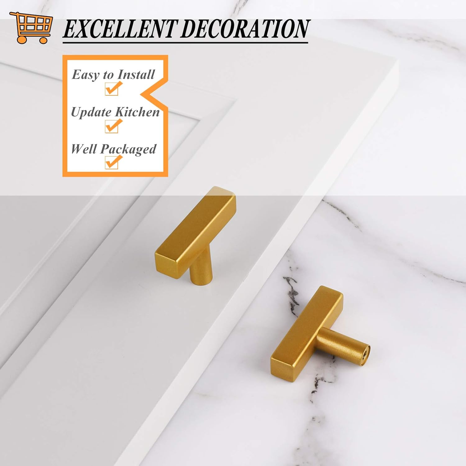 Probrico (5 Pack) Gold Cabinet Knobs Square T Bar Single Hole Drawer Pulls,2 Inch Hole Center Dresser Handles Furniture Hardware,Stainless Steel Cupboard Handles Hardware for Kitchen Bathroom