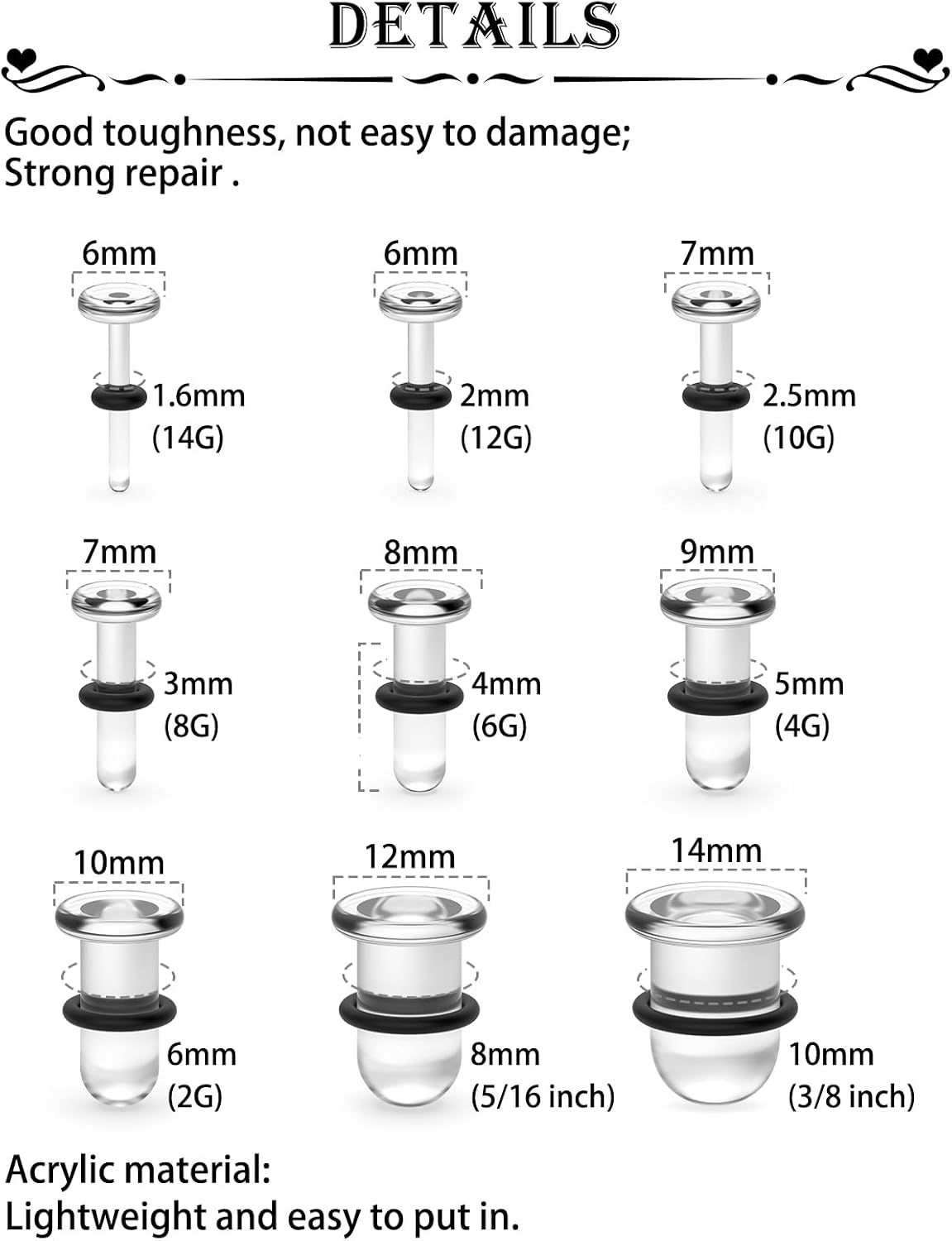 14G 12G 10G 8G 6G 4G 2G 0G 00G Ears Gauges Tunnels Plugs for Women Acrylic Flat Top Plugs with O-rings Ear Gauge Stretching Kit Expander Stretcher Plug Earrings for Piercing Jewelry