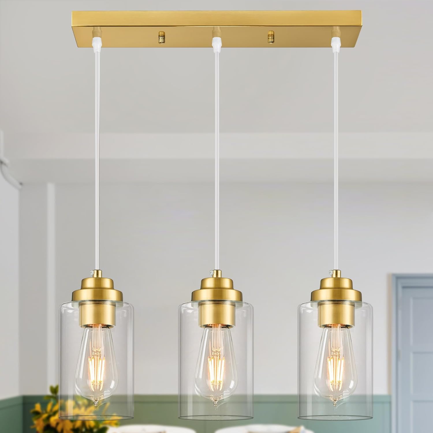 Modern Pendant Light Island Industrial Hanging Light Seeded Glass Ceiling Lamp Gold Farmhouse Lighting for Kitchen Island Hallway Bedroom Bar Dining Room（3-Light）