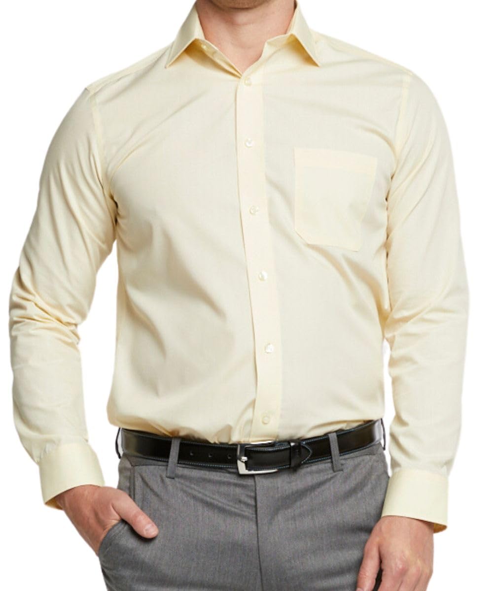 Double Two Men's Pale Lemon Long Sleeve Plain Formal Shirt Non Iron Classic Fit Business Dress Shirt - Lemon, 20In Collar