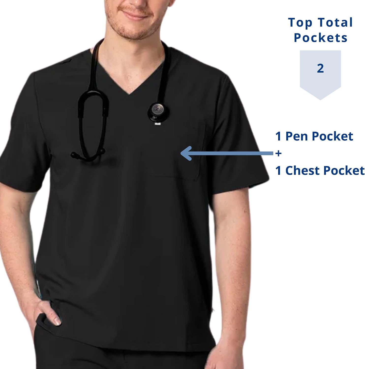 Care+Wear Men’s 2-Pocket Essential Slim Fit Scrub Top with V-Neck, Chest and Pen Pocket, Wrinkle-Resistant w/Badge Loop