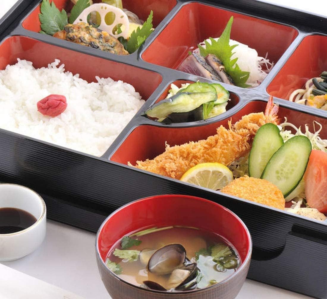 JapanBargain, Large Lunch Bento Box 6 Compartments Japanese Traditional Plastic Lacquered for Restaurant or Home Tray and Plate 2pc Set Made in Japan, Red and Black Color, 14x10.5 inch