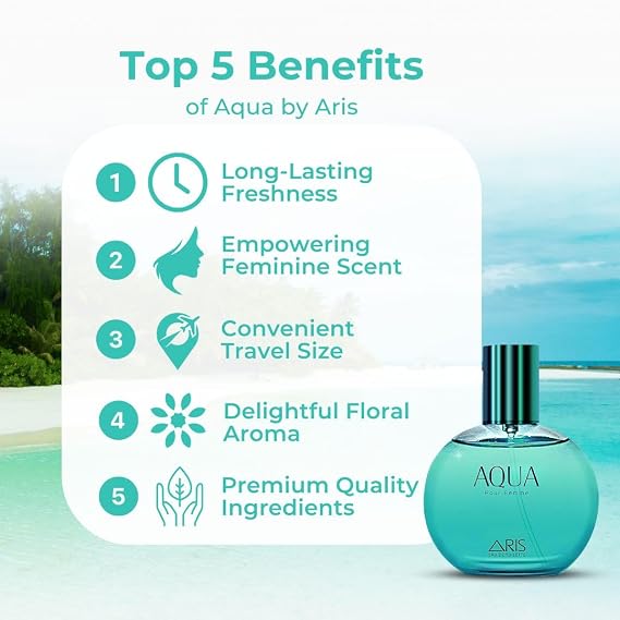 ARIS Aqua Eau de Toilette Long-Lasting Floral and Fresh Fragrance for Women 100mL Perfume Spray with Bonus 15mL Perfume Sample (Randomly Selected)