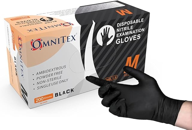 Omnitex Box 200 Premium Disposable Black Nitrile Gloves | Powder Free | Latex Free | Ambidextrous | Food Safe | EN455 EN374 EN420 | CE & UKCA Cat3 grade (Medium)