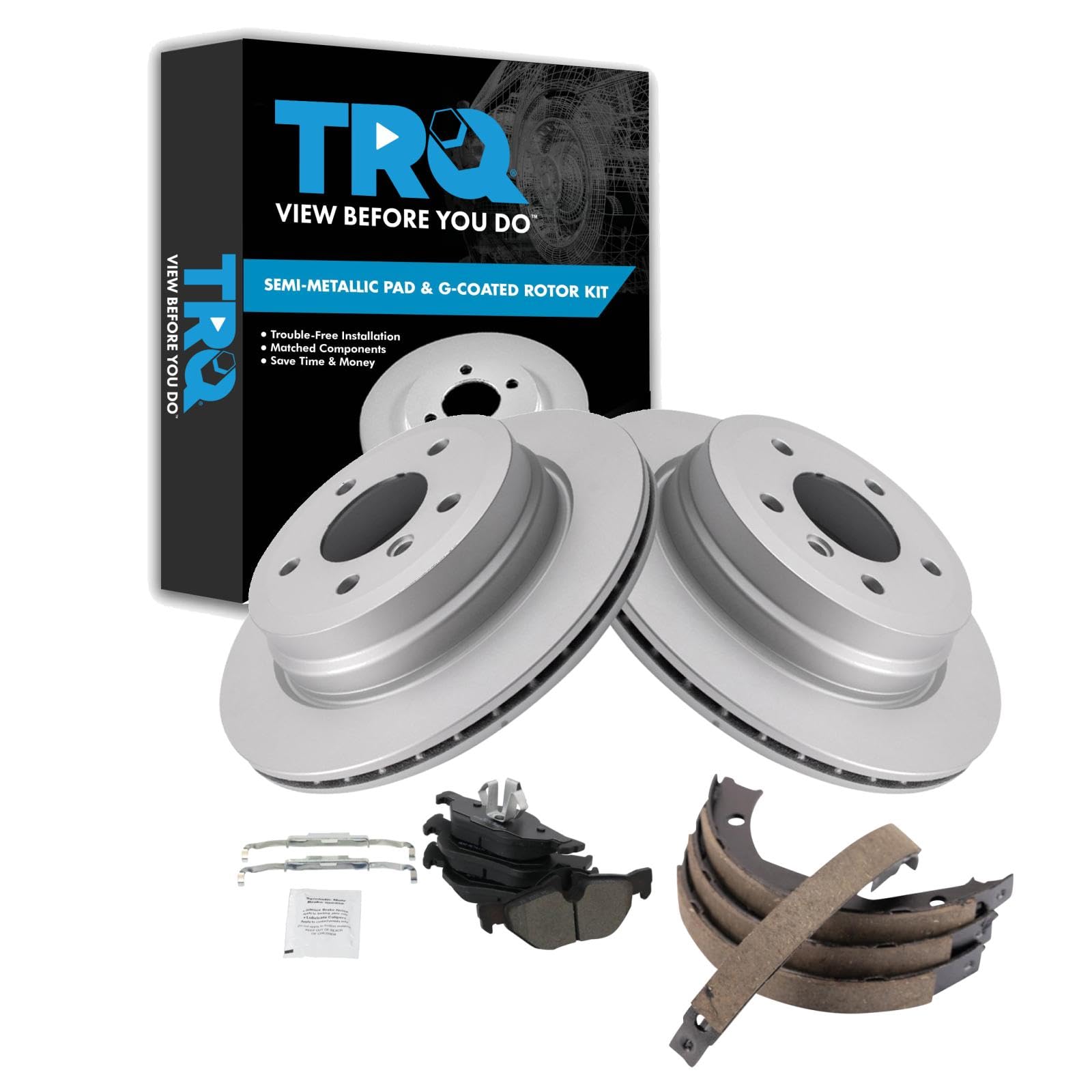 TRQ Rear Brake Pad and Rotor Set Semi Metallic G Coated Rotors Parking Shoe Compatible with 2007-2013 BMW 328i 2009-2013 328i xDrive 2007-2008 328xi 2013-2015 X1