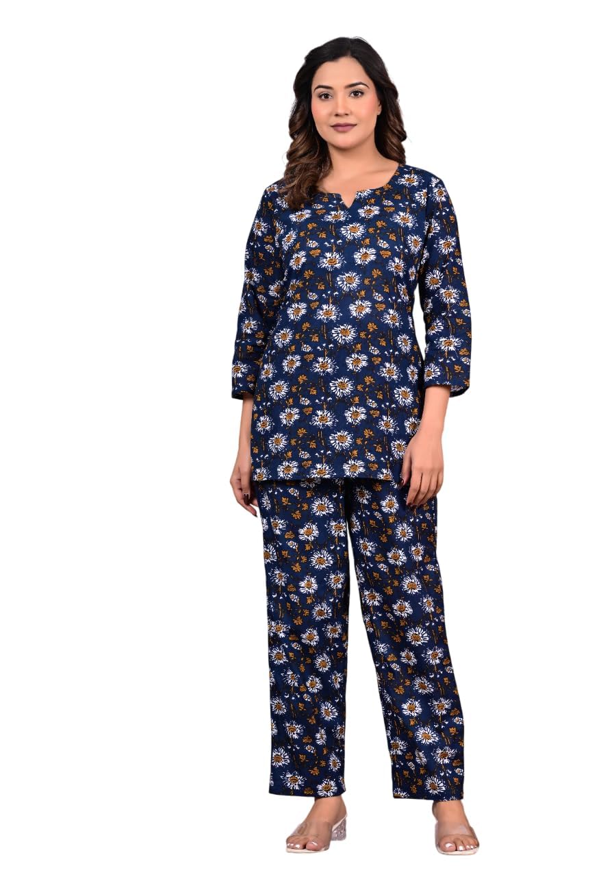 KQD Women's Indigo Pure Cotton Floral Print Regular Co-ord Set (Blue)-picture-38