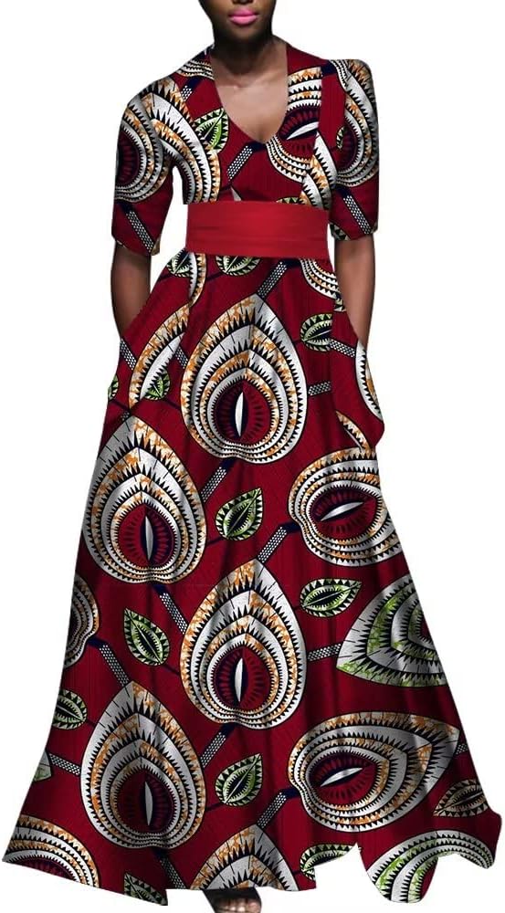 African Women's Dress for Summer Ankara Multicolor Girding Deep V-Neck Shirt Skirt