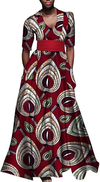 African Womens Dress for Summer Ankara Multicolor Girding Deep V-Neck Shirt Skirt