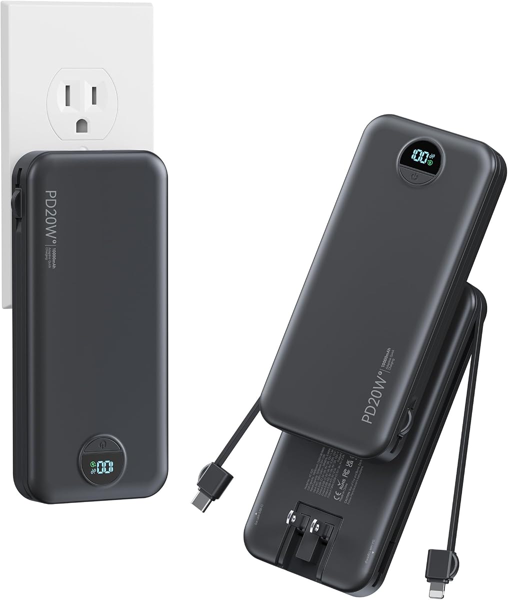 10000mAh Compact Portable Charger Power Bank with Built in Cables&Wall Plug | PD20W USB-C Fast Charging Cell Phone Charger Battery Pack,LED Display Travel Battery Bank for All iPhone,Samsung,Android