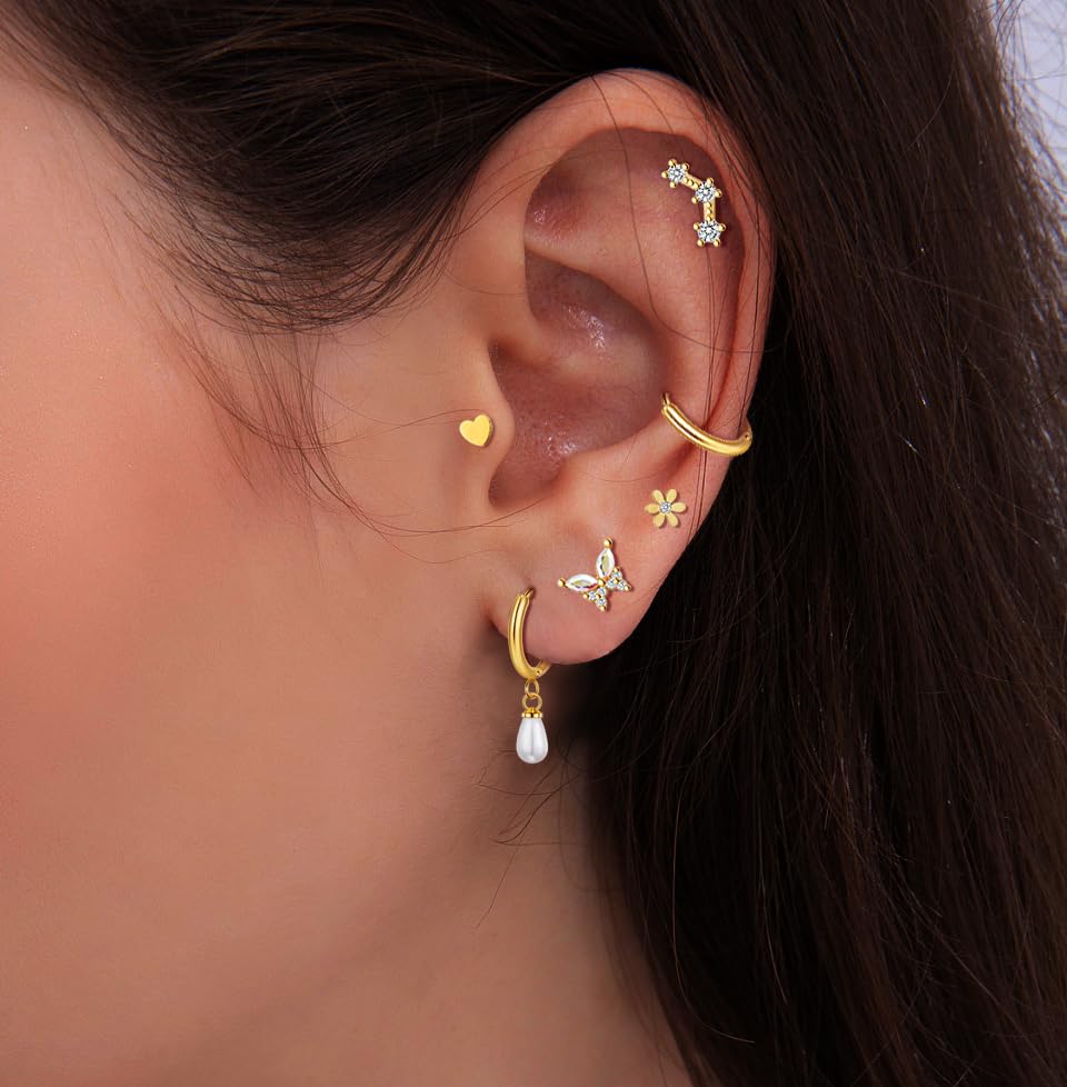 20 Pairs 40pcs Gold Flat Back Earrings Hypoallergenic Cartilage Earring for Women,Mix of 10pcs Hoops,30pcs Studs,Dazzling Helix & Tragus Piercing Jewelry,20G Screw Back Earrings Sets for Multiple Piercing3