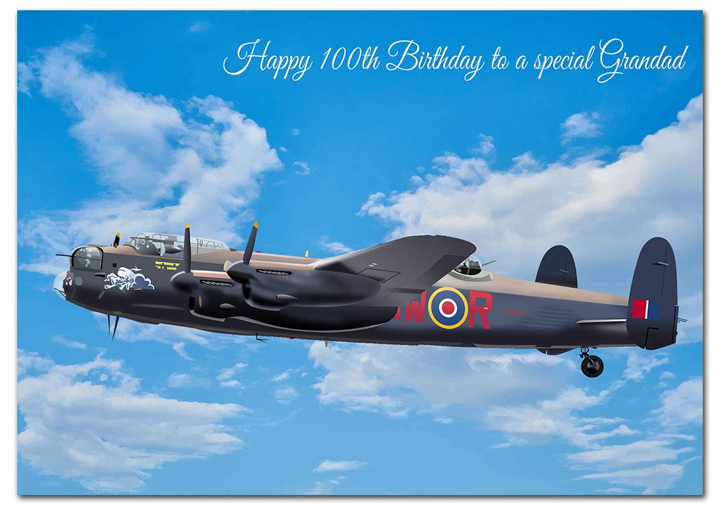 Extra Large Grandad 100th Birthday Card - XL Big thick A4 size - Cool Lancaster Airplane WW2 Art - Special Age Year Traditional Greeting - Huge Happy Wishes Him Men Male - UK Eco-Friendly