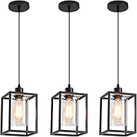 Vista 1 de 3 Pack Black Pendant Lights for Kitchen Island Industrial Lantern Pendant Light Fixtures with Clear Glass Shade, Farmhouse Adjustable Height Hanging